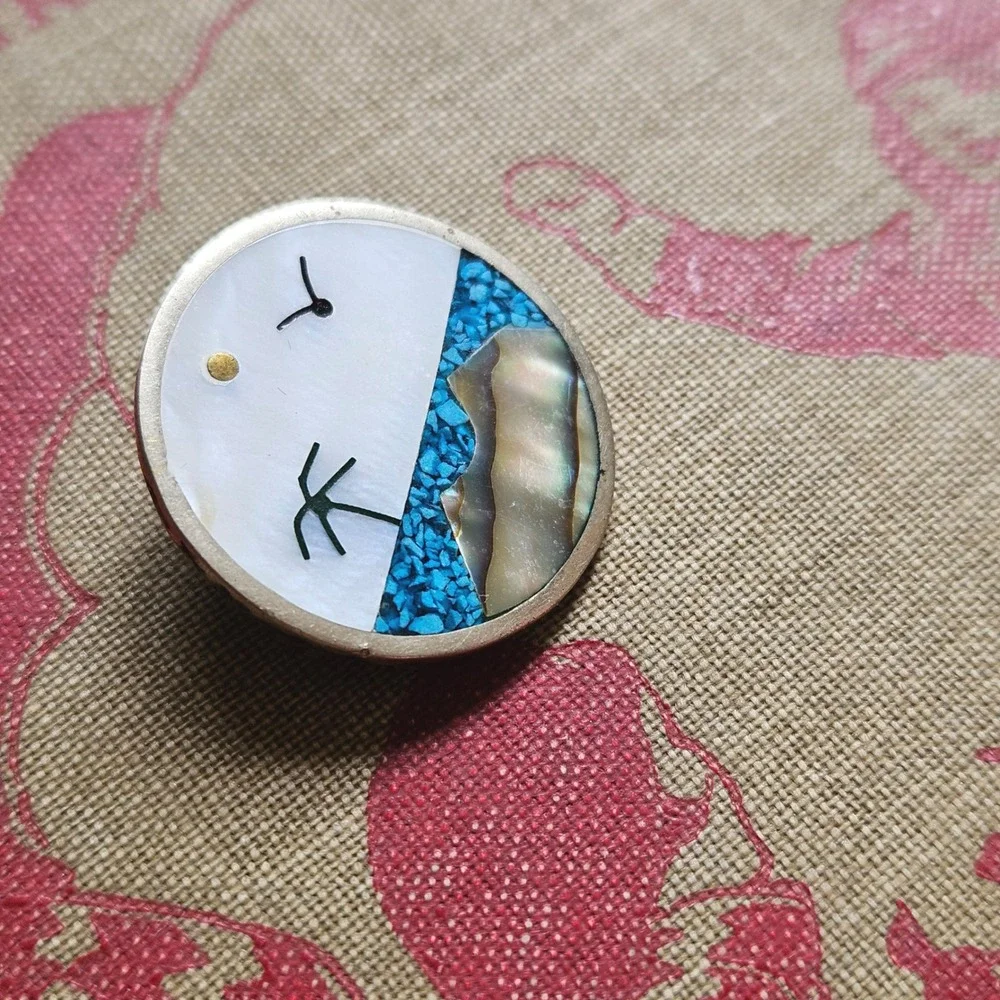 Vtg Alpaca Mexico Inlay Brooch Turquoise Abalone Palm Bird Coastal Beach Pin